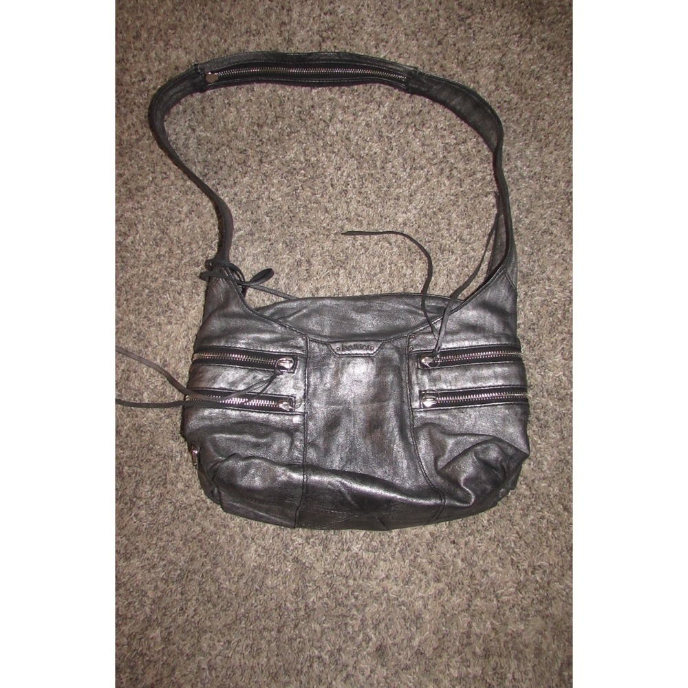 Botkier Sasha Metallic Pewter Leather Hobo Shoulder Bag Multi Zip Pockets